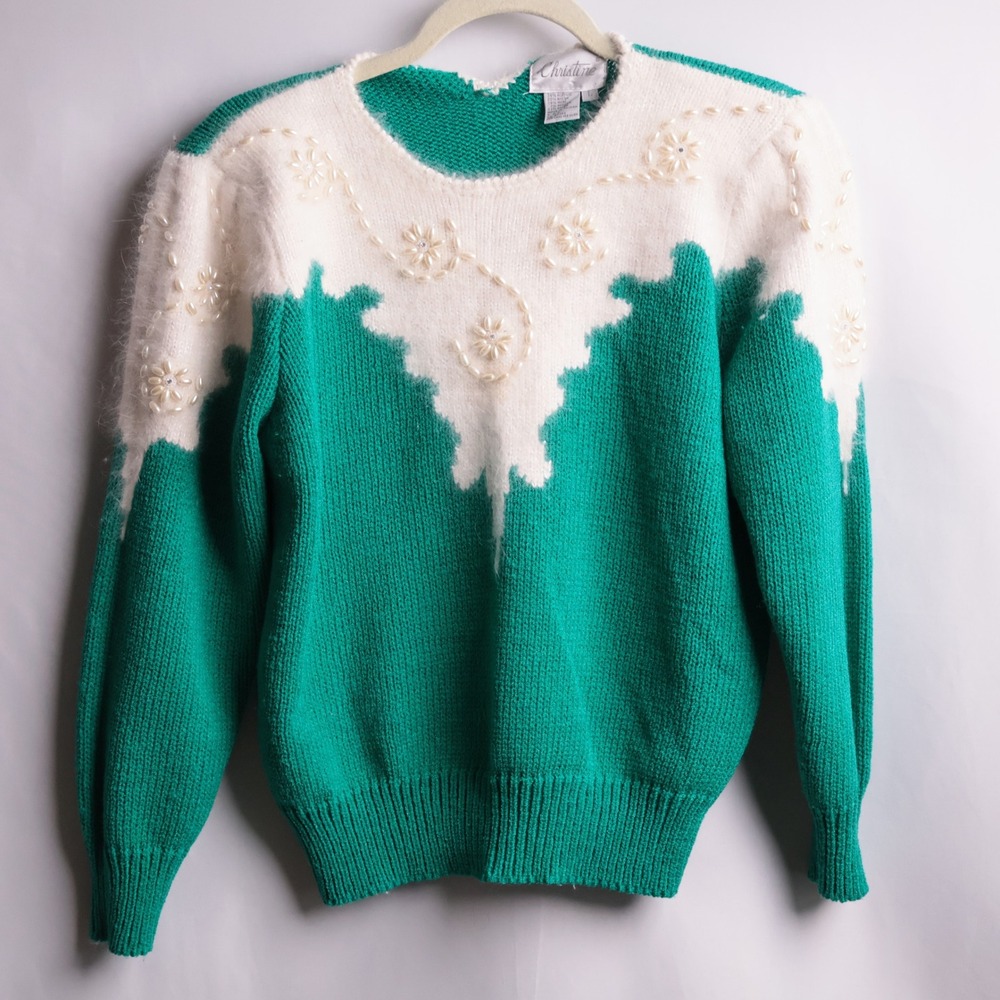 Christine VTG 80s Angora Wool Blend Pearl Beaded Sweater Teal Green White L Glam
